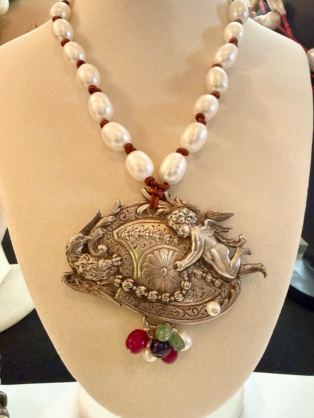 Pearl & Leather Necklace w/ AntiqueSilver Russian Buckle Statement Necklace